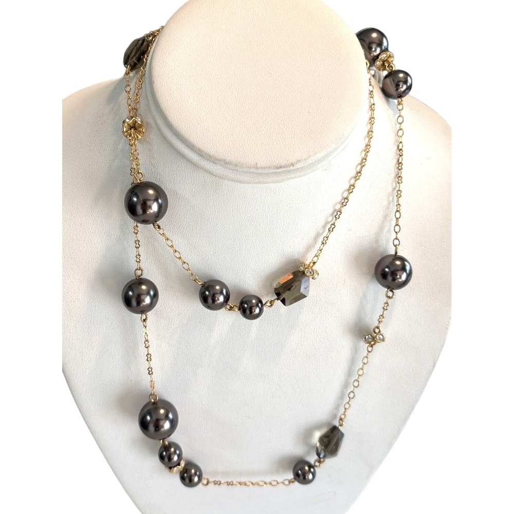 J. Crew Signed Gold Tone Station Necklace 36'' Cable Chain Faux Pearl Rhinestone
